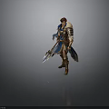 Man As Fantasy Warrior In Blue Cape With Detailed Armor Holding Double Bladed Weapon
