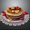 Stack of Pancakes with Banana Slices Strawberries Blueberries and Syrup on Lace Doily Plate