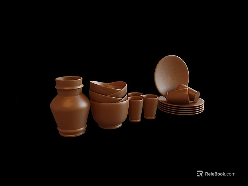 Elegant Brown Ceramic Dinnerware Set With Jar Bowls Cups And Plates 3d model