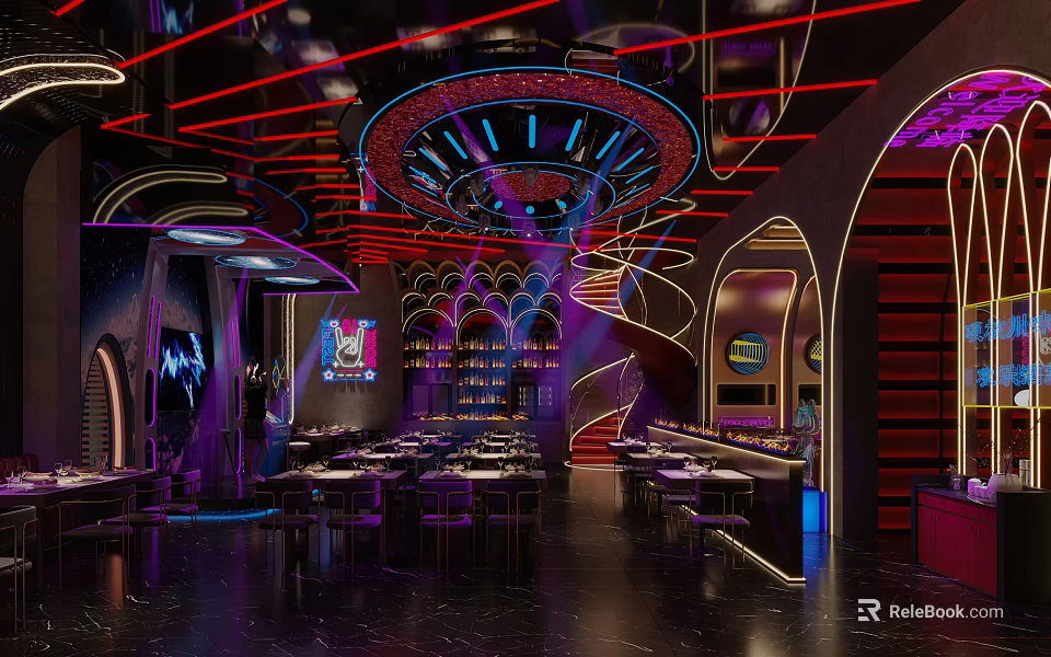 Neon Lit Modern Bar Interior With Stylish Counter And Seating Areas 3d model 