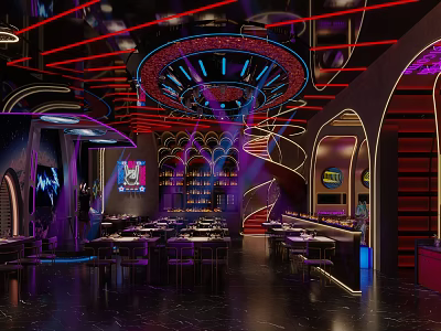 Neon Lit Modern Bar Interior With Stylish Counter And Seating Areas 3d model