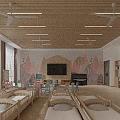 Bright Kindergarten Room With Wooden Cribs Colorful Wall Murals TV Ceiling Fans Bookshelves Toy Shelves