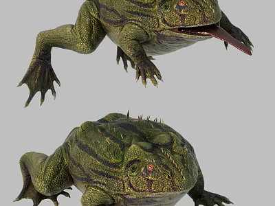Green Striped Reptile Displaying Spiked Back and Extended Tongue in 3D Render 3d model