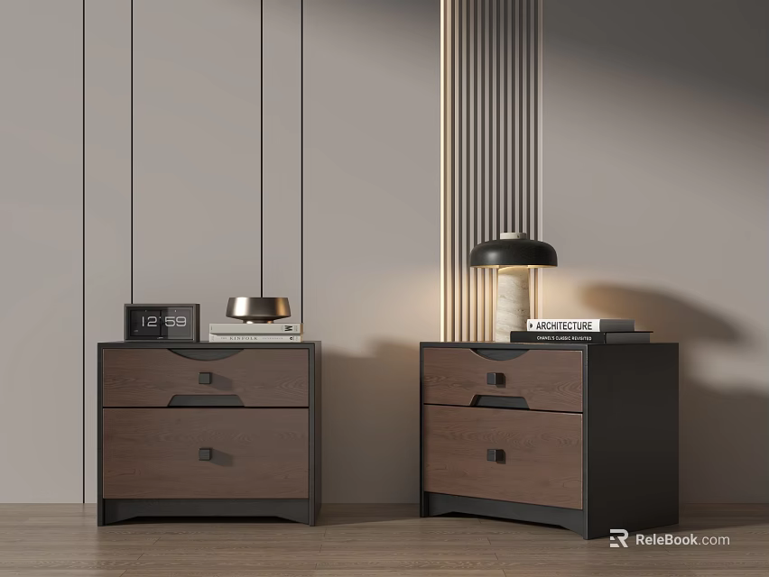 Modern Brown Wooden Bedside Tables with Photo Frame Lamp and Books on Minimalist Gray Wall 3d model 