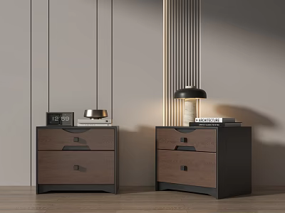 Modern Brown Wooden Bedside Tables with Photo Frame Lamp and Books on Minimalist Gray Wall 3d model