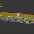 Traditional Japanese Building Models Featuring Gray Roofs Blue Facades White Symbols in Connected Row