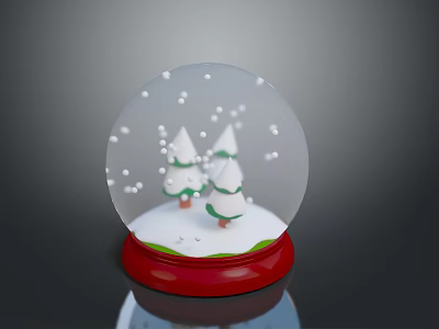 Clear Glass Snow Globe With White Trees Red Base And Snowflakes 3d model