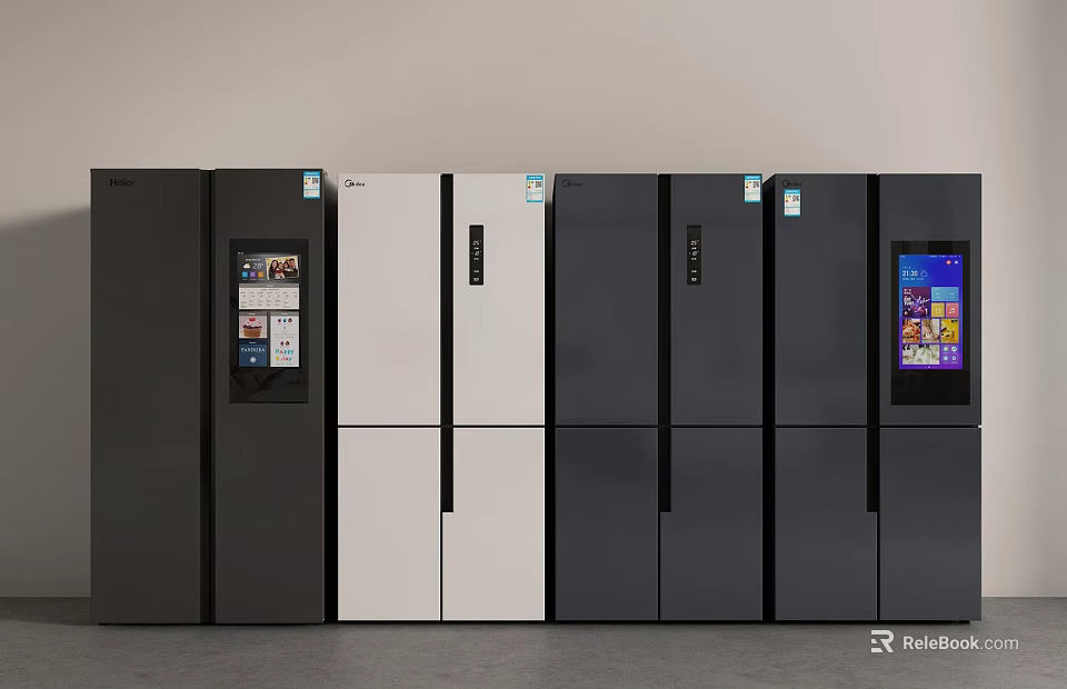 Modern Various Colored Refrigerators With Display Screens And Sleek Design In Showroom 3d model 