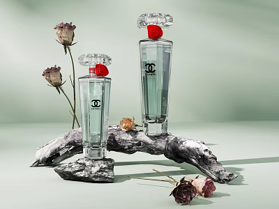 Elegant Perfume Bottles With Clear Glass Design Red Caps And Dried Roses On Wooden Branch 3d model