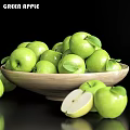Fresh Green Apples In Wooden Bowl With Scattered And Sliced Pieces