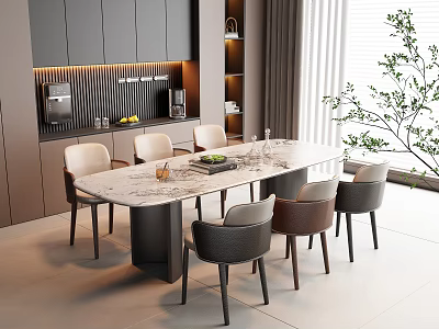 Modern Kitchen Interior With Marble Dining Table Set Matching Chairs And Cabinets 3d model