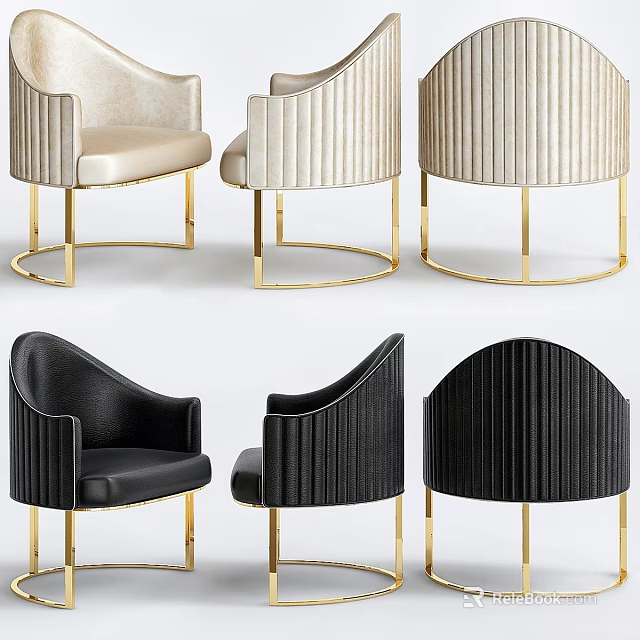 Beige And Black Pleated Accent Chairs With Curved Back And Gold Metal Legs 3d model 
