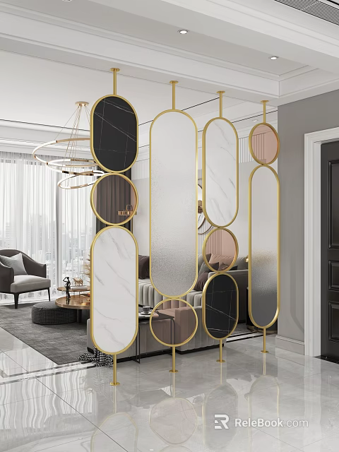 Elegant Gold Frame Room Divider With Various Shaped Marble Glass Panels In Modern Living Room 3d model 