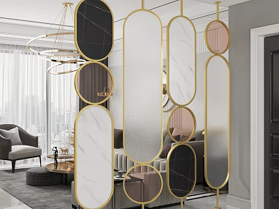 Elegant Gold Frame Room Divider With Various Shaped Marble Glass Panels In Modern Living Room 3d model