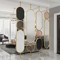 Elegant Gold Frame Room Divider With Various Shaped Marble Glass Panels In Modern Living Room