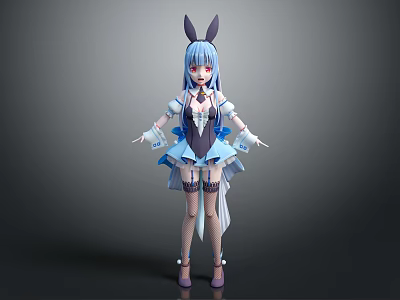Cute Anime Girl With Blue Hair Rabbit Ears White Blue Short Skirt Outfit 3d model