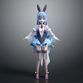 Cute Anime Girl With Blue Hair Rabbit Ears White Blue Short Skirt Outfit