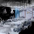 Elegant Banquet Hall Interior With Crystal Chandeliers Blue Curtains Floral Decor And White Stage