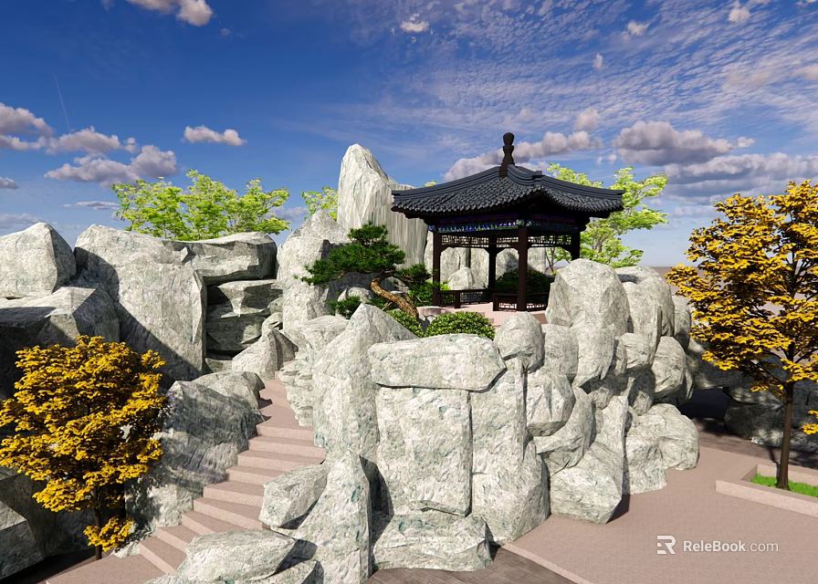 Rockery Stones Landscape With Traditional Pavilion And Stone Steps Green Trees And Blue Sky 3d model 