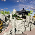 Rockery Stones Landscape With Traditional Pavilion And Stone Steps Green Trees And Blue Sky