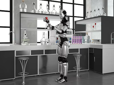 Modern Laboratory Interior With Robot Handling Glassware On Shelves And Lab Equipment 3d model