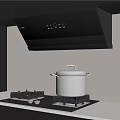 Modern Kitchen Cookware With Black Cabinets Range Hood And Stainless Steel Pot On Gas Stove