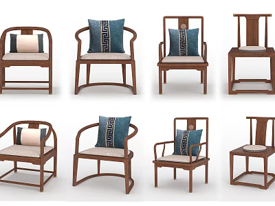 Traditional Modern Wooden Frame Armchairs With Blue Beige Patterned Cushions For Home Interior 3d model