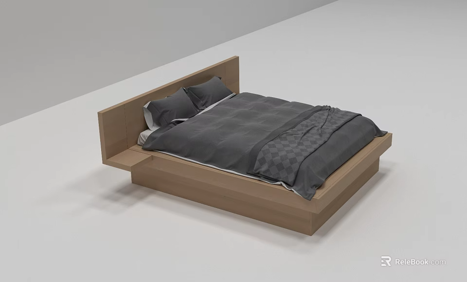 Modern Wooden Platform Double Bed with Gray Bedding and Sleek Headboard 3d model