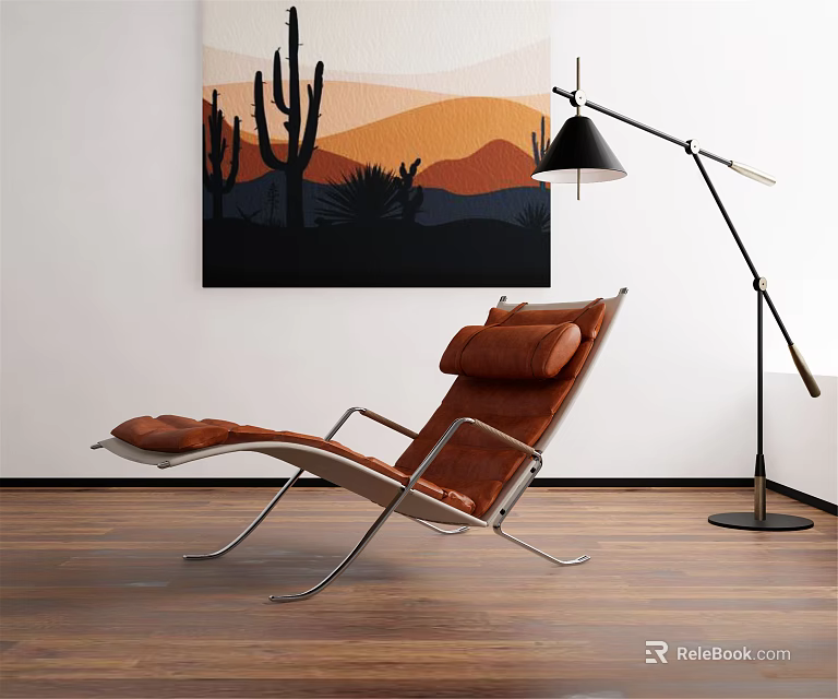 Leather Chaise Lounge with Metal Frame near Floor Lamp and Cactus Artwork on Wooden Floor 3d model 