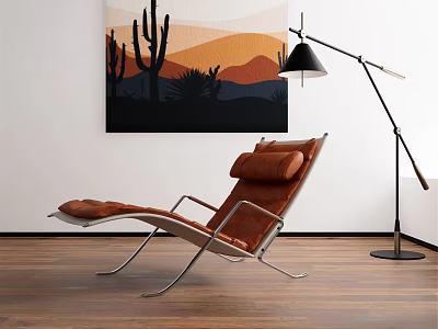 Leather Chaise Lounge with Metal Frame near Floor Lamp and Cactus Artwork on Wooden Floor 3d model