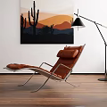 Leather Chaise Lounge with Metal Frame near Floor Lamp and Cactus Artwork on Wooden Floor