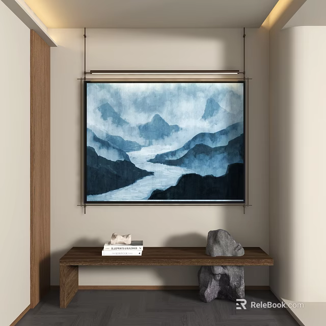 Abstract Painting Hanging with Blue Black Mountain River Scenery Above Wooden Bench Books and Stone 3d model 