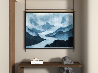 Abstract Painting Hanging with Blue Black Mountain River Scenery Above Wooden Bench Books and Stone 3d model