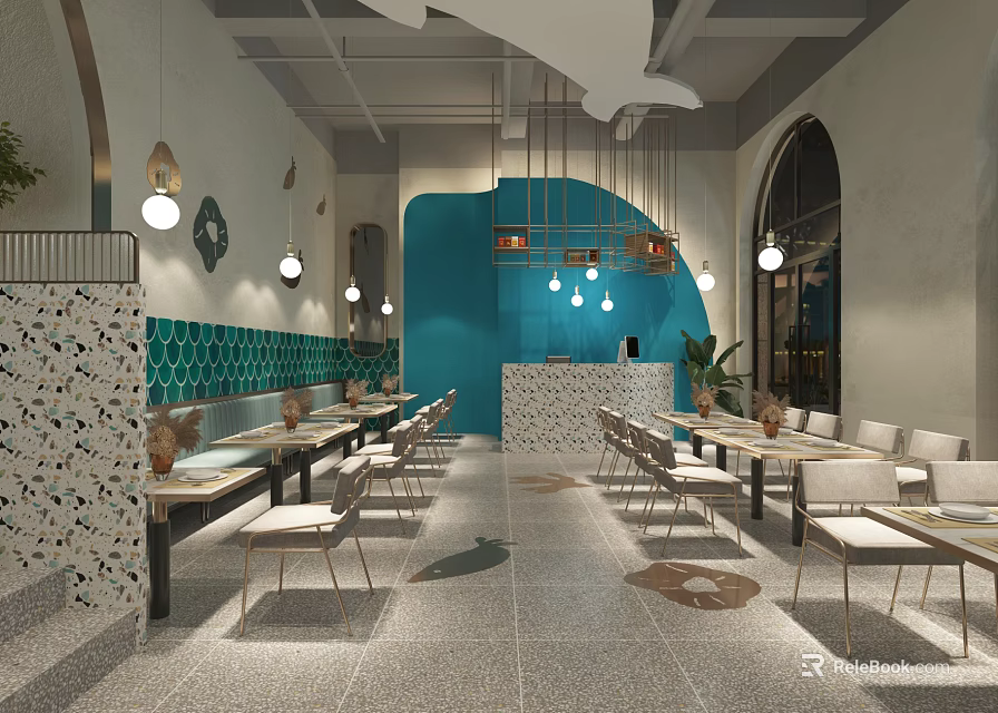 Elegant Restaurant Interior With Blue Wall Hanging Lights Dining Tables And Patterned Floor 3d model