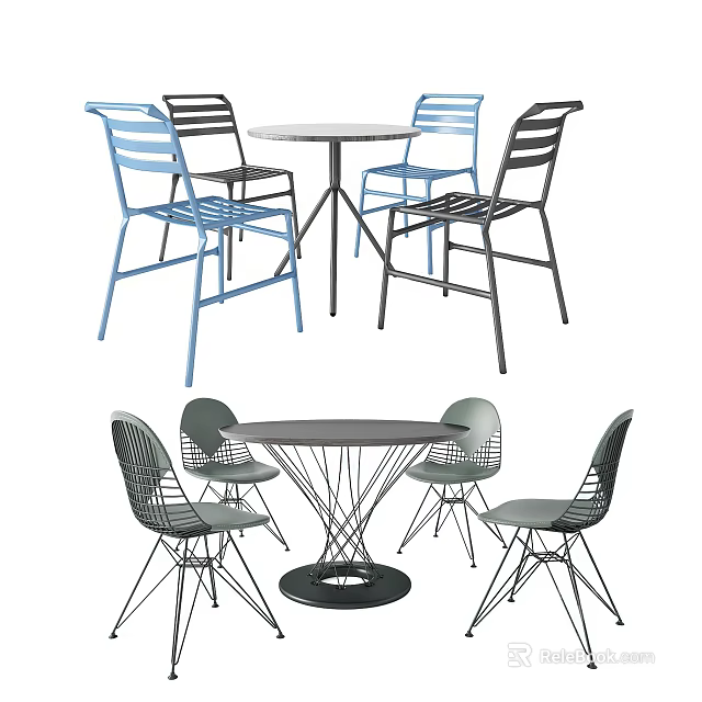 Outdoor Round Table With White Black Blue Gray Chairs For Patio Use 3d model