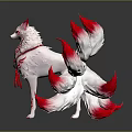 Mythical Nine Tailed Fox Creature With White Red Fluffy Tails And Red Patterns