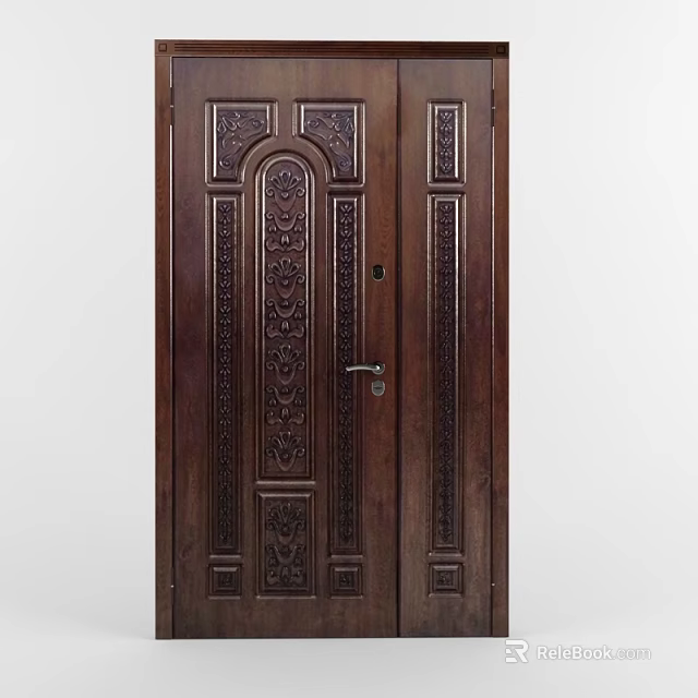 Classic Wooden Double Door With Smaller Leaf And Carved Patterns 3d model