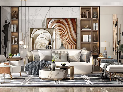 Modern Sofa and Coffee Table Set in Elegant Living Room with Plush Cushions Marble Backdrop 3d model