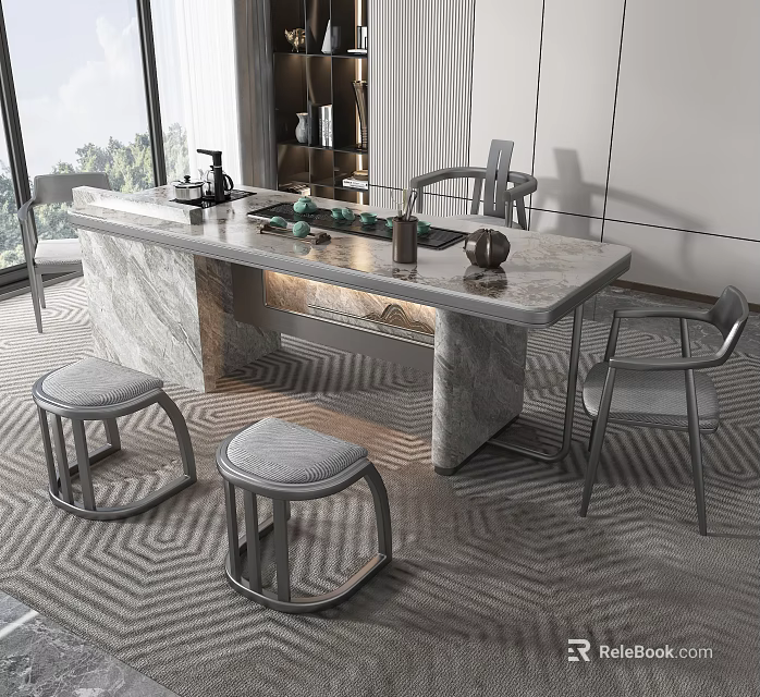 Modern Marble Tea Table with Chairs Stools and Tea Set in Bright Interior 3d model
