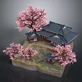 Traditional Japanese Architecture Featuring Black Roof And Surrounding Pink Cherry Blossom Trees