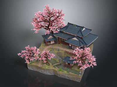 Traditional Japanese Architecture Featuring Black Roof And Surrounding Pink Cherry Blossom Trees 3d model