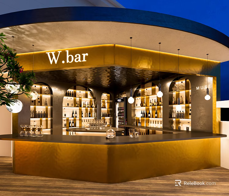 W Bar Stylish Open Design Golden Counter Wine Racks And Ambient Lighting 3d model 