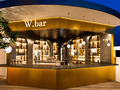 W Bar Stylish Open Design Golden Counter Wine Racks And Ambient Lighting 3d model
