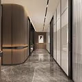 Modern Elevator Lobby Design With Wooden Panel Walls Marble Flooring And Decorative Plants
