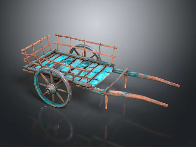 Ancient Wooden Cart With Blue Platform And Round Wheels Rustic Structure 3d model