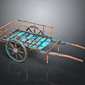 Ancient Wooden Cart With Blue Platform And Round Wheels Rustic Structure 3d model