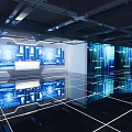 Modern Hi tech Exhibition Hall With LED Screens Futuristic Lighting Circular Platform And Digital Backdrop