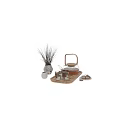Decorative Ornament Set with Clear Glass Teapot Cups Wooden Tray and Dried Branches in Vase