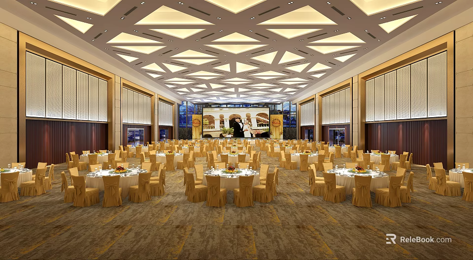 Elegant Spacious Banquet Hall With Round Tables Geometric Ceiling And Stage Setup 3d model 