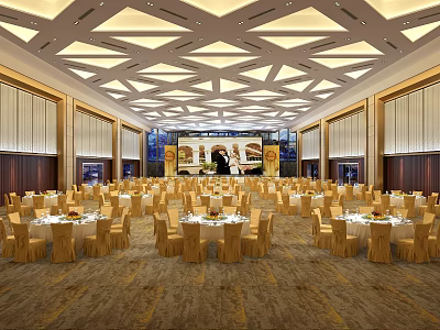 Elegant Spacious Banquet Hall With Round Tables Geometric Ceiling And Stage Setup 3d model